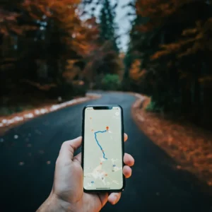 A hand holding a phone with a map on a winding road.